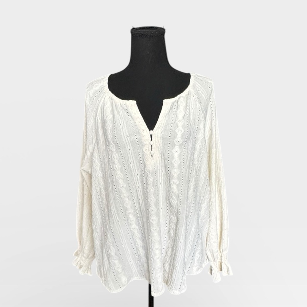 Frye White Eyelet Peasant Blouse XL | Boho Cottagecore Romantic Top H31